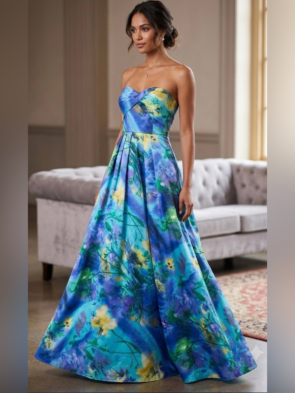 Strapless Blue Floral Ball Gown Dress